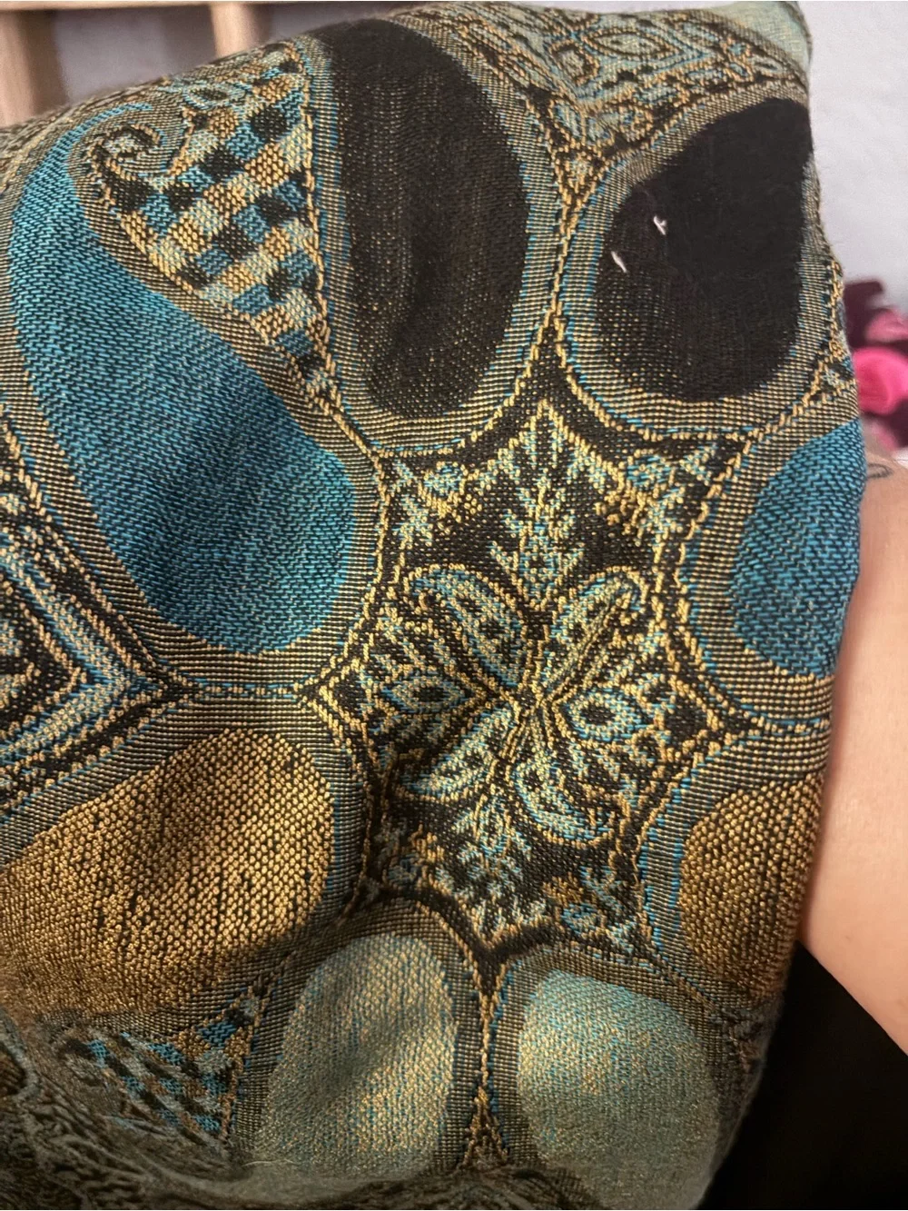 Turquoise and Gold Woven Paisley Home Accent Throw Scarf